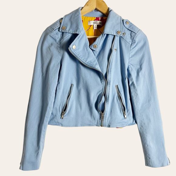 Color Me Courtney Dennis Blue Canvas Crop Biker Moto Jacket Size 4 - Picture 4 of 16